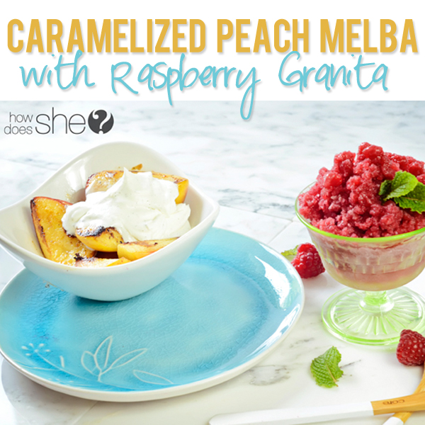 Caramelized Peach Melba with Raspberry Granita