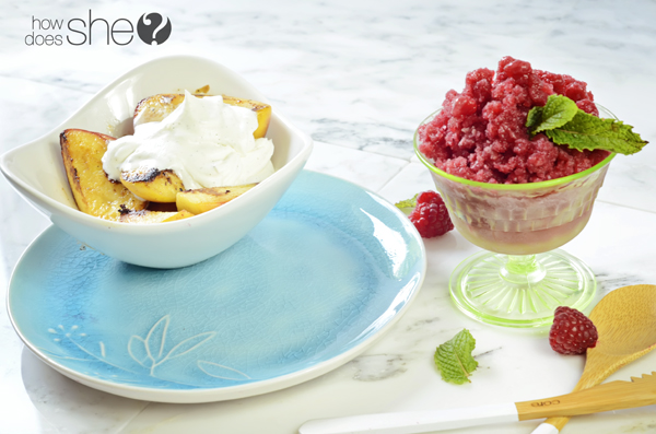 Caramelized Peach Melba with Raspberry Granita