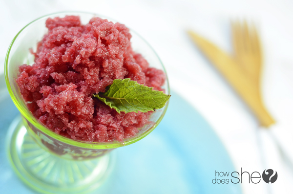 Caramelized Peach Melba with Raspberry Granita