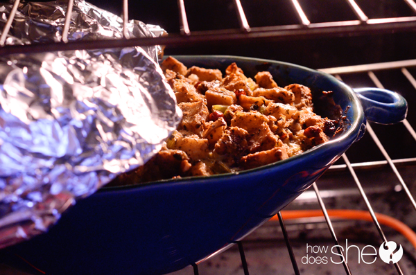 Thanksgiving stuffing into bread pudding