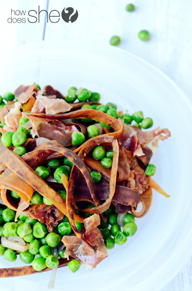 Prosciutto with Cardamom Scented Peas and Purple Carrots