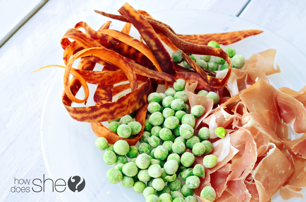 Prosciutto with Cardamom Scented Peas and Purple Carrots